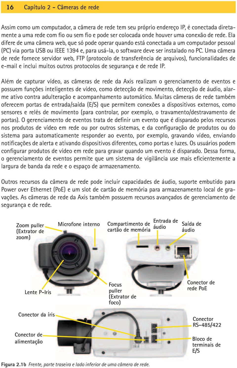 Uma câmera de rede fornece servidor web, FTP (protocolo de transferência de arquivos), funcionalidades de e-mail e inclui muitos outros protocolos de segurança e de rede IP.