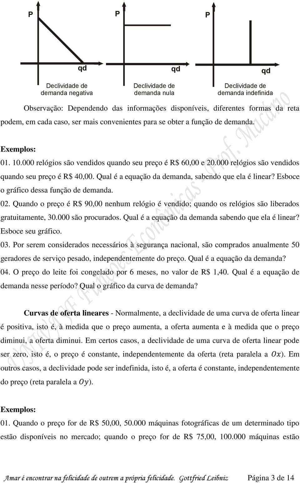 Qual é a equação da demanda, sabendo que ela é linear? Esboce o gráfico dessa função de demanda. 02.