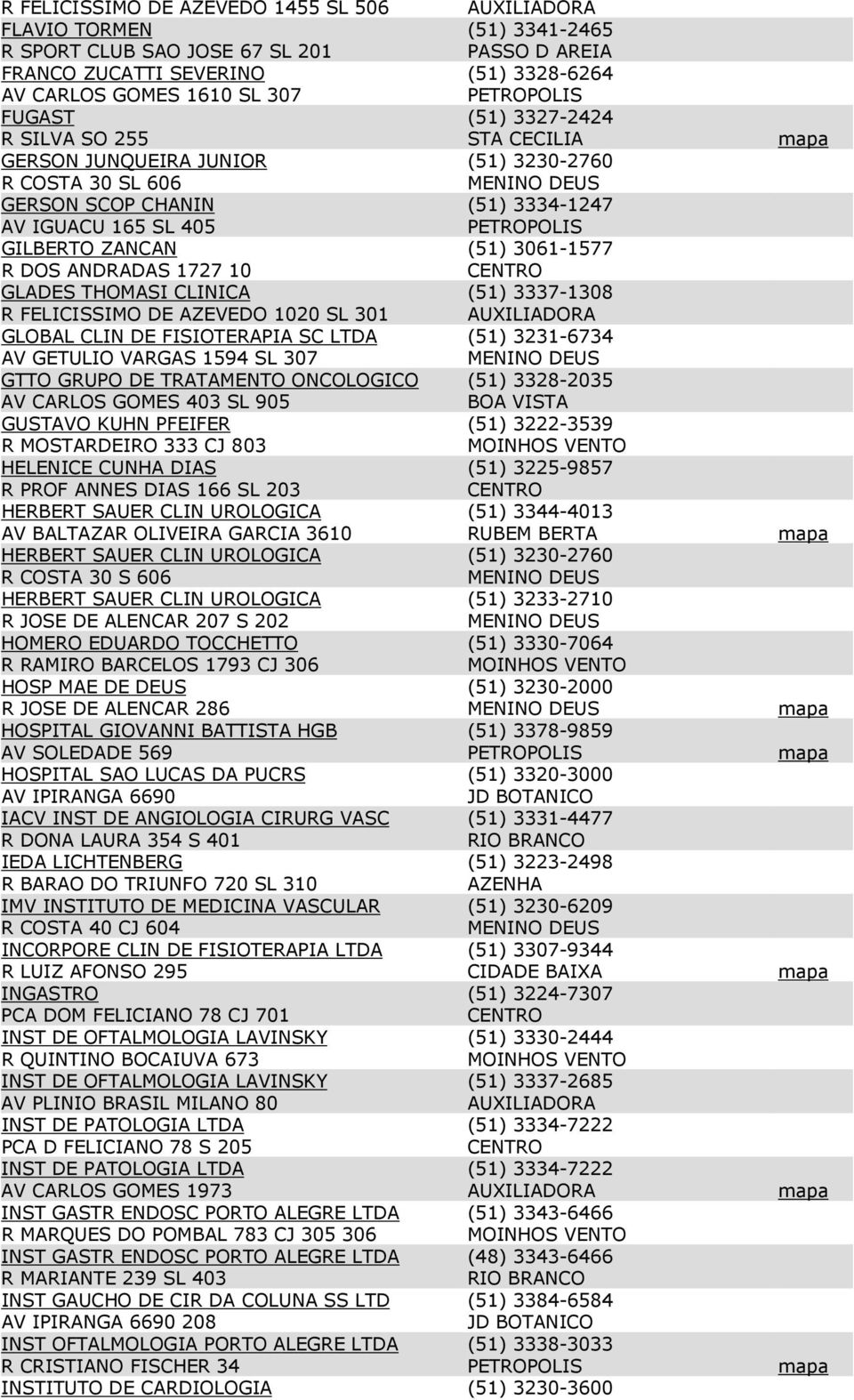 GLADES THOMASI CLINICA (51) 3337-1308 R FELICISSIMO DE AZEVEDO 1020 SL 301 AUXILIADORA GLOBAL CLIN DE FISIOTERAPIA SC LTDA (51) 3231-6734 AV GETULIO VARGAS 1594 SL 307 GTTO GRUPO DE TRATAMENTO