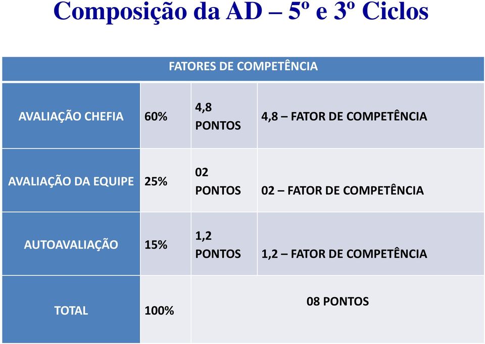 AVALIAÇÃO DA EQUIPE 25% 02 PONTOS 02 FATOR DE COMPETÊNCIA
