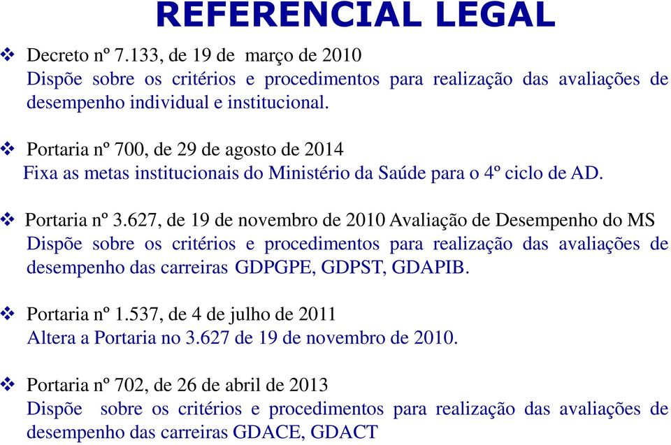 627, de 19 de novembro de 2010 Avaliação de Desempenho do MS Dispõe sobre os critérios e procedimentos para realização das avaliações de desempenho das carreiras GDPGPE, GDPST, GDAPIB.