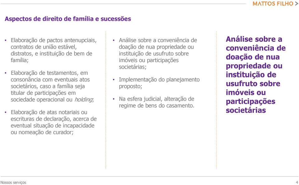 incapacidade ou nomeação de curador; Análise sobre a conveniência de doação de nua propriedade ou instituição de usufruto sobre imóveis ou participações societárias; Implementação do planejamento