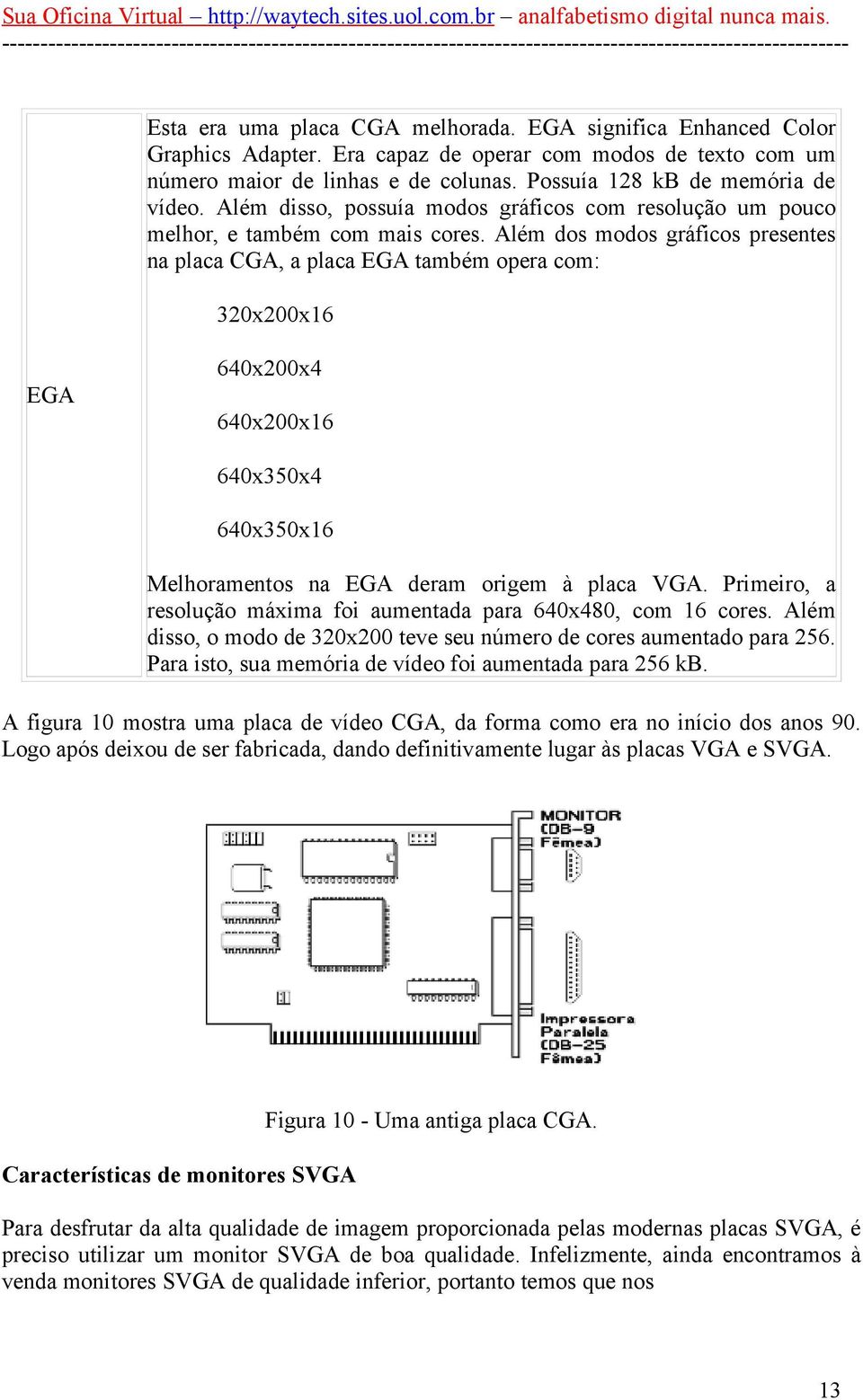 Além dos modos gráficos presentes na placa CGA, a placa EGA também opera com: 320x200x16 EGA 640x200x4 640x200x16 640x350x4 640x350x16 Melhoramentos na EGA deram origem à placa VGA.