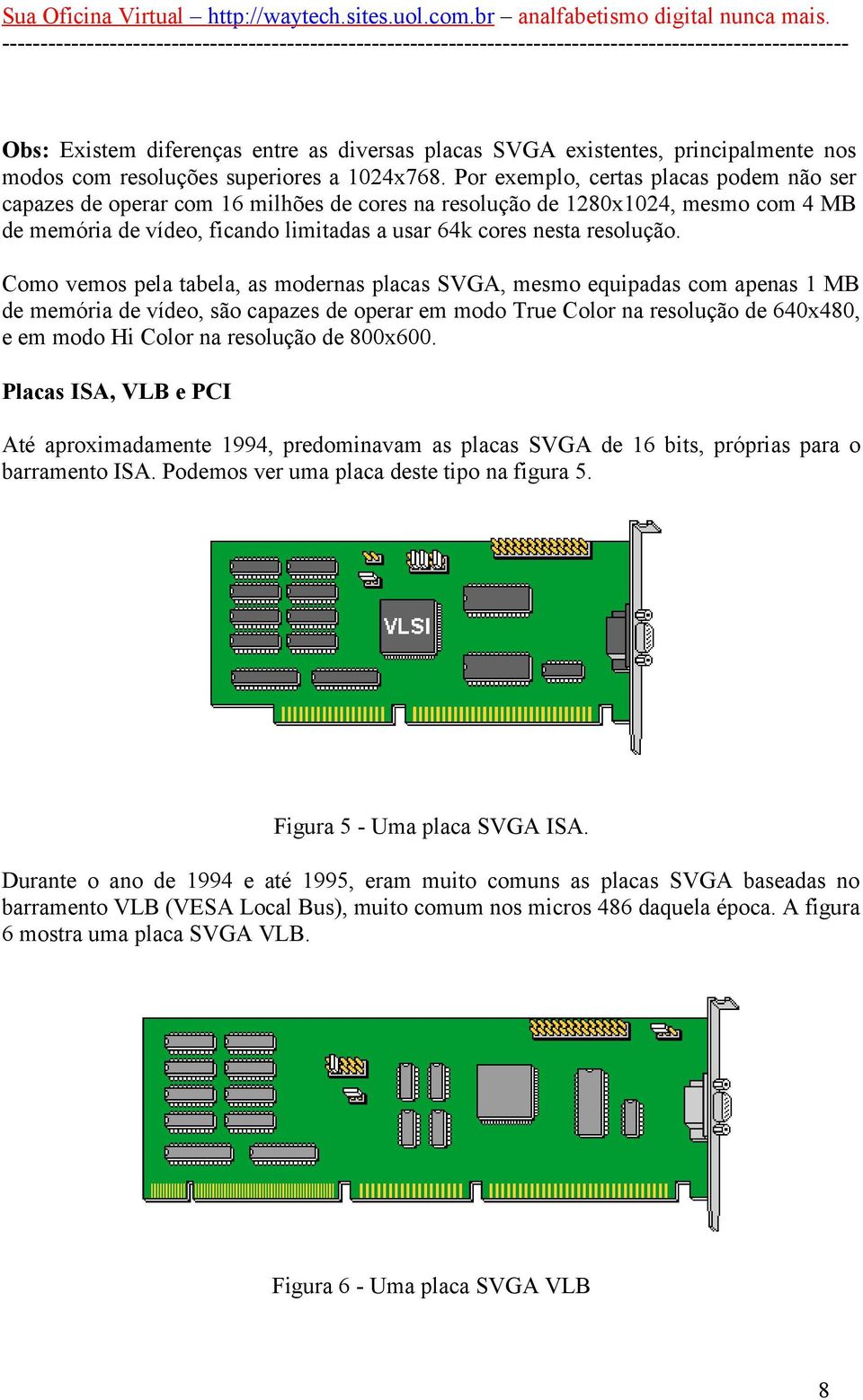 Como vemos pela tabela, as modernas placas SVGA, mesmo equipadas com apenas 1 MB de memória de vídeo, são capazes de operar em modo True Color na resolução de 640x480, e em modo Hi Color na resolução