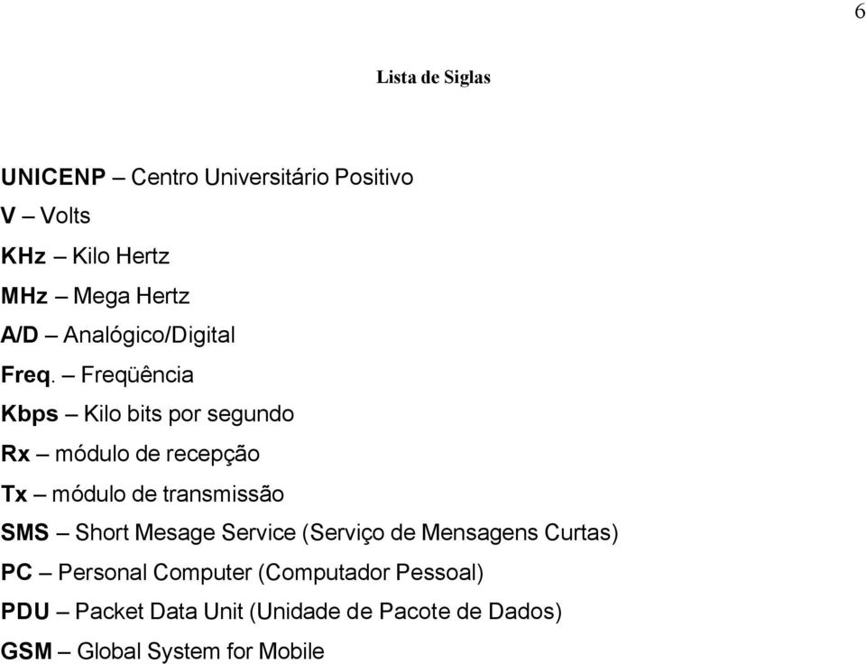 Freqüência Kbps Kilo bits por segundo Rx módulo de recepção Tx módulo de transmissão SMS Short