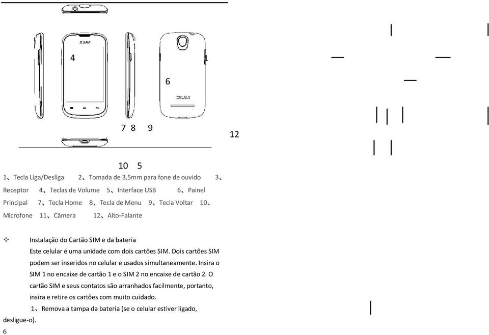 Dois cartões SIM podem ser inseridos no celular e usados simultaneamente. Insira o SIM 1 no encaixe de cartão 1 e o SIM 2 no encaixe de cartão 2.