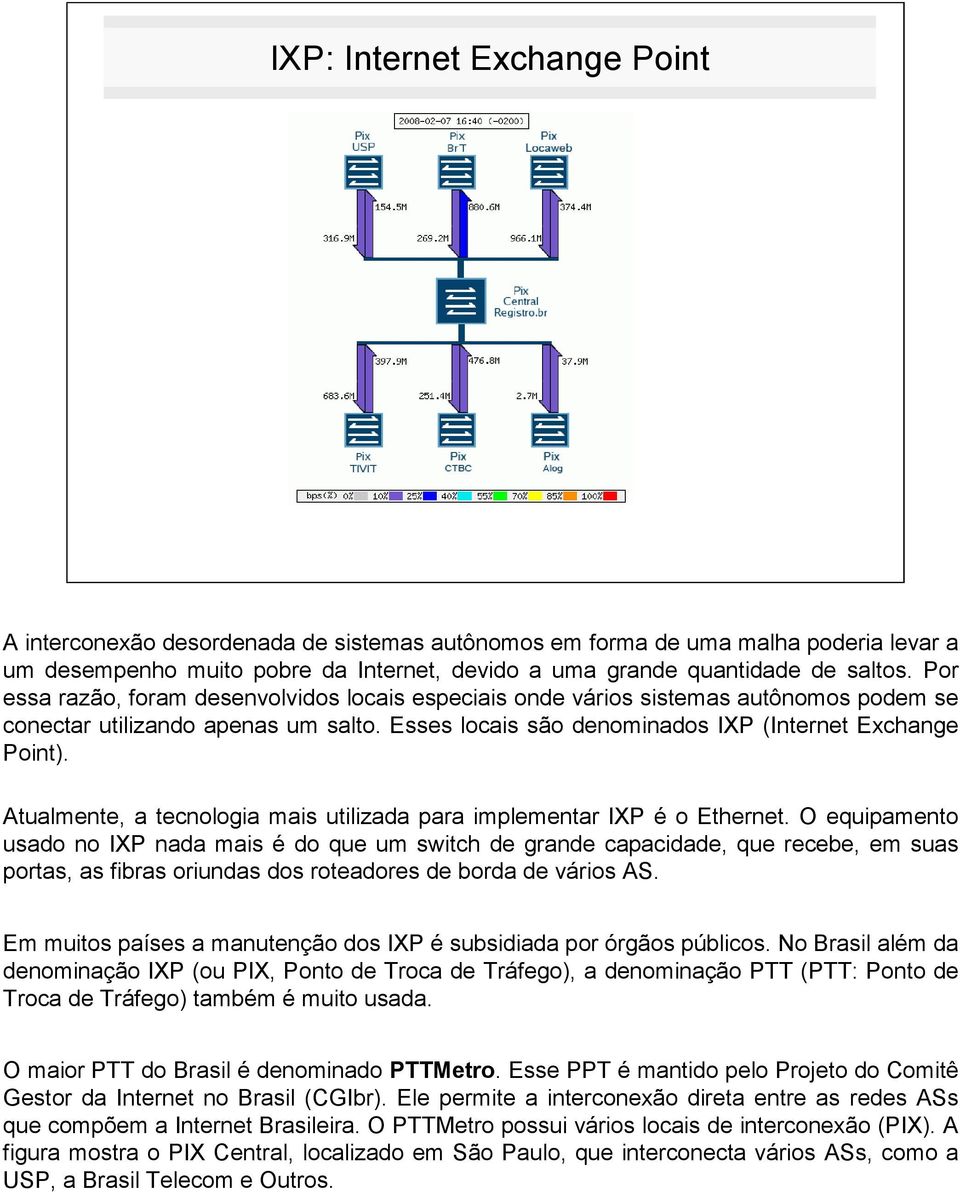 Atualmente, a tecnologia mais utilizada para implementar IXP é o Ethernet.