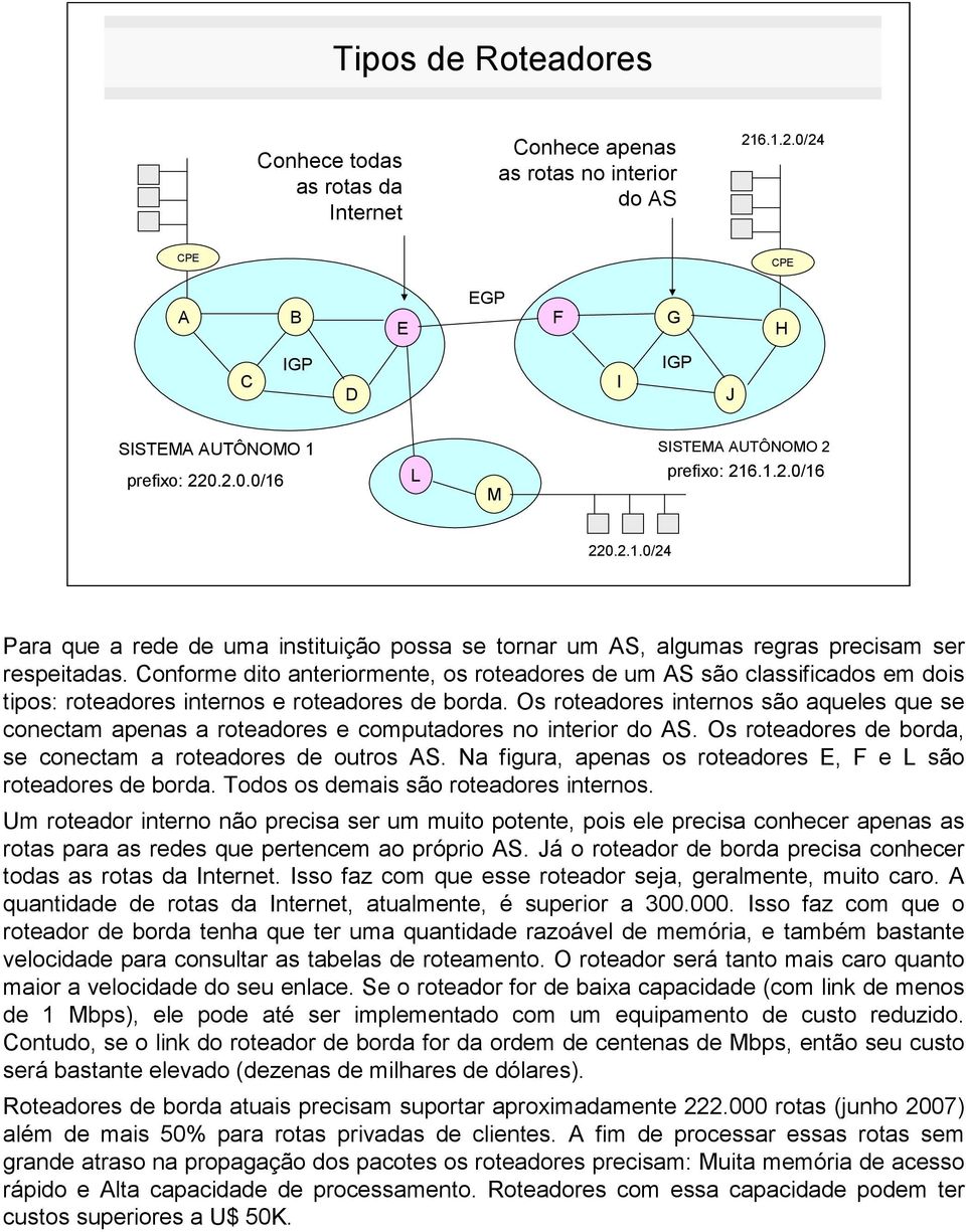 Conforme dito anteriormente, os roteadores de um AS são classificados em dois tipos: roteadores internos e roteadores de borda.