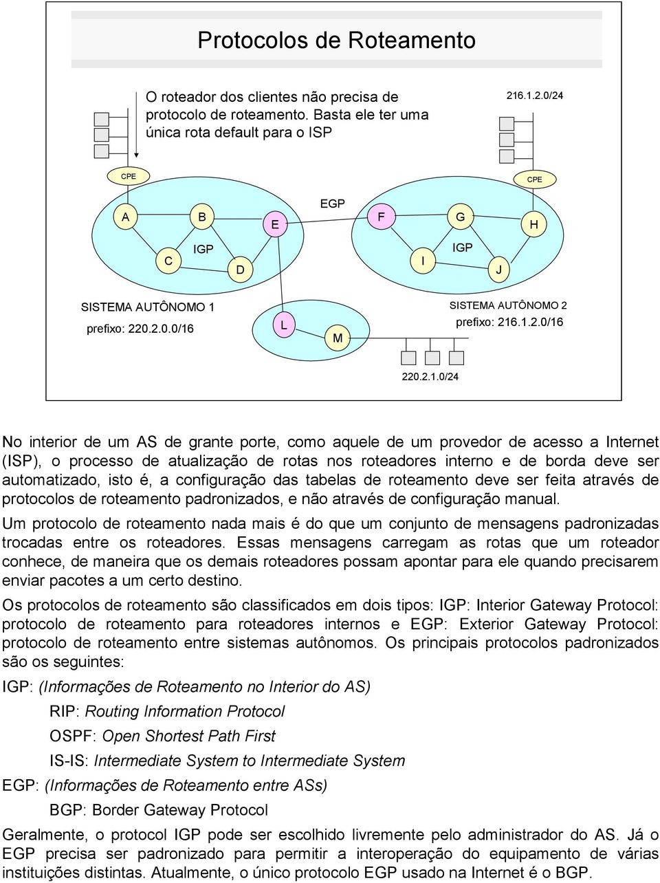 provedor de acesso a Internet (ISP), o processo de atualização de rotas nos roteadores interno e de borda deve ser automatizado, isto é, a configuração das tabelas de roteamento deve ser feita