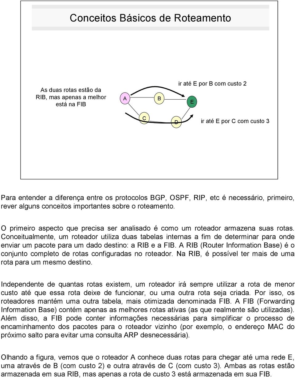 Conceitualmente, um roteador utiliza duas tabelas internas a fim de determinar para onde enviar um pacote para um dado destino: a RIB e a FIB.