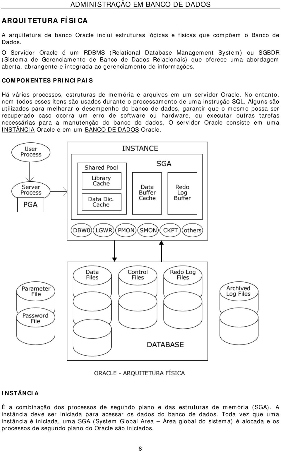 gerenciamento de informações. COMPONENTES PRINCIPAIS Há vários processos, estruturas de memória e arquivos em um servidor Oracle.