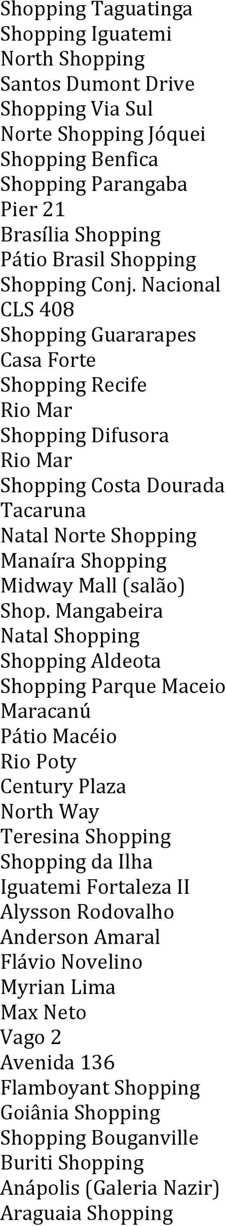 Nacional CLS 408 Shopping Guararapes Casa Forte Shopping Recife Rio Mar Shopping Difusora Rio Mar Shopping Costa Dourada Tacaruna Natal Norte Shopping Manaíra Shopping Midway Mall (salão) Shop.