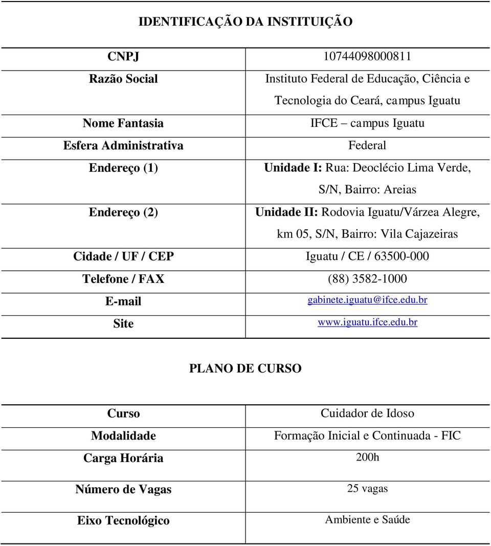 05, S/N, Bairro: Vila Cajazeiras Cidade / UF / CEP Iguatu / CE / 63500-000 Telefone / FAX (88) 3582-1000 E-mail Site gabinete.iguatu@ifce.edu.