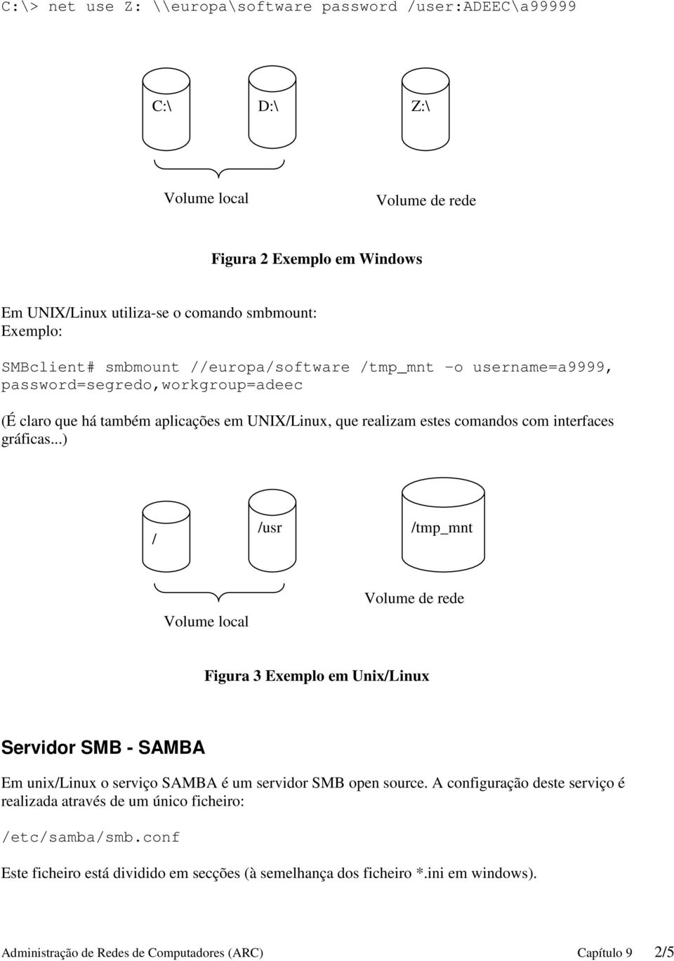 ..) / /usr /tmp_mnt Volume local Volume de rede Figura 3 Exemplo em Unix/Linux Servidor SMB - SAMBA Em unix/linux o serviço SAMBA é um servidor SMB open source.