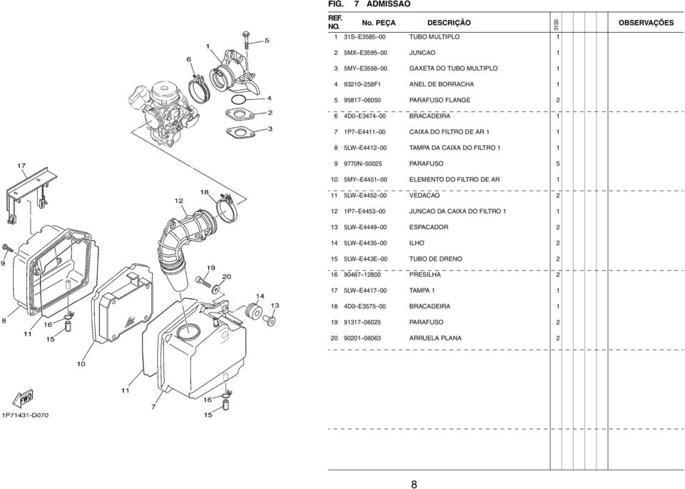 E4451 00 ELEMENTO DO FILTRO DE AR 1 11 5LW E4452 00 VEDACAO 2 12 1P7 E4453 00 JUNCAO DA CAIXA DO FILTRO 1 1 13 5LW E4449 00 ESPACADOR 2 14 5LW E4435 00 ILHO 2 15