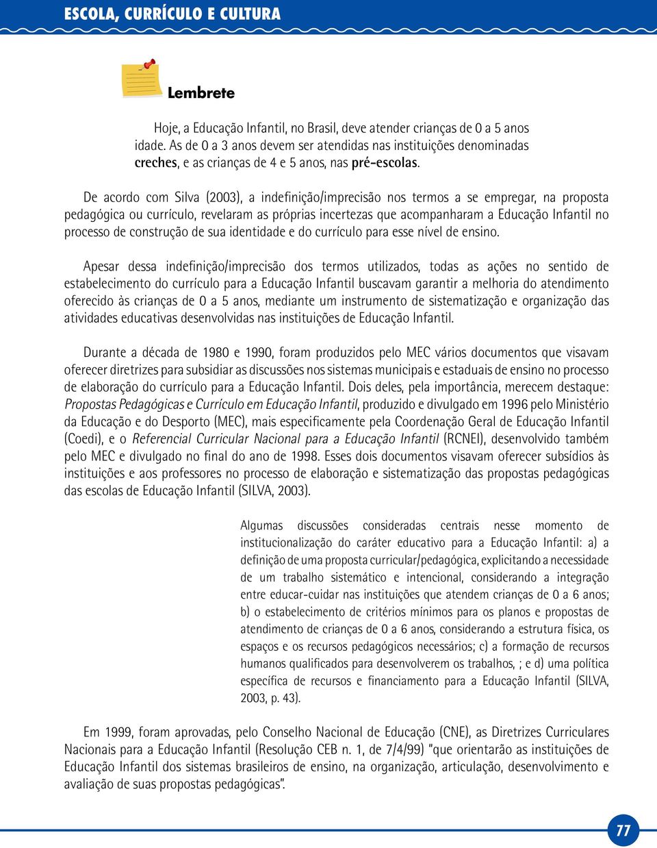 De acordo com Silva (2003), a indefinição/imprecisão nos termos a se empregar, na proposta pedagógica ou currículo, revelaram as próprias incertezas que acompanharam a Educação Infantil no processo