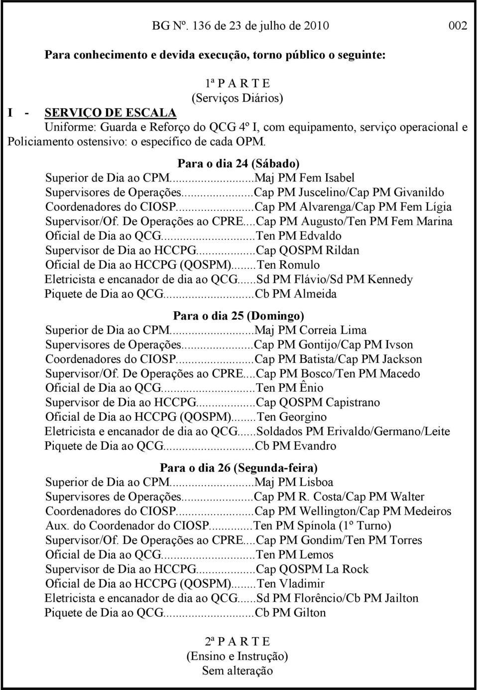 equipamento, serviço operacional e Policiamento ostensivo: o específico de cada OPM. Para o dia 24 (Sábado) Superior de Dia ao CPM...Maj PM Fem Isabel Supervisores de Operações.