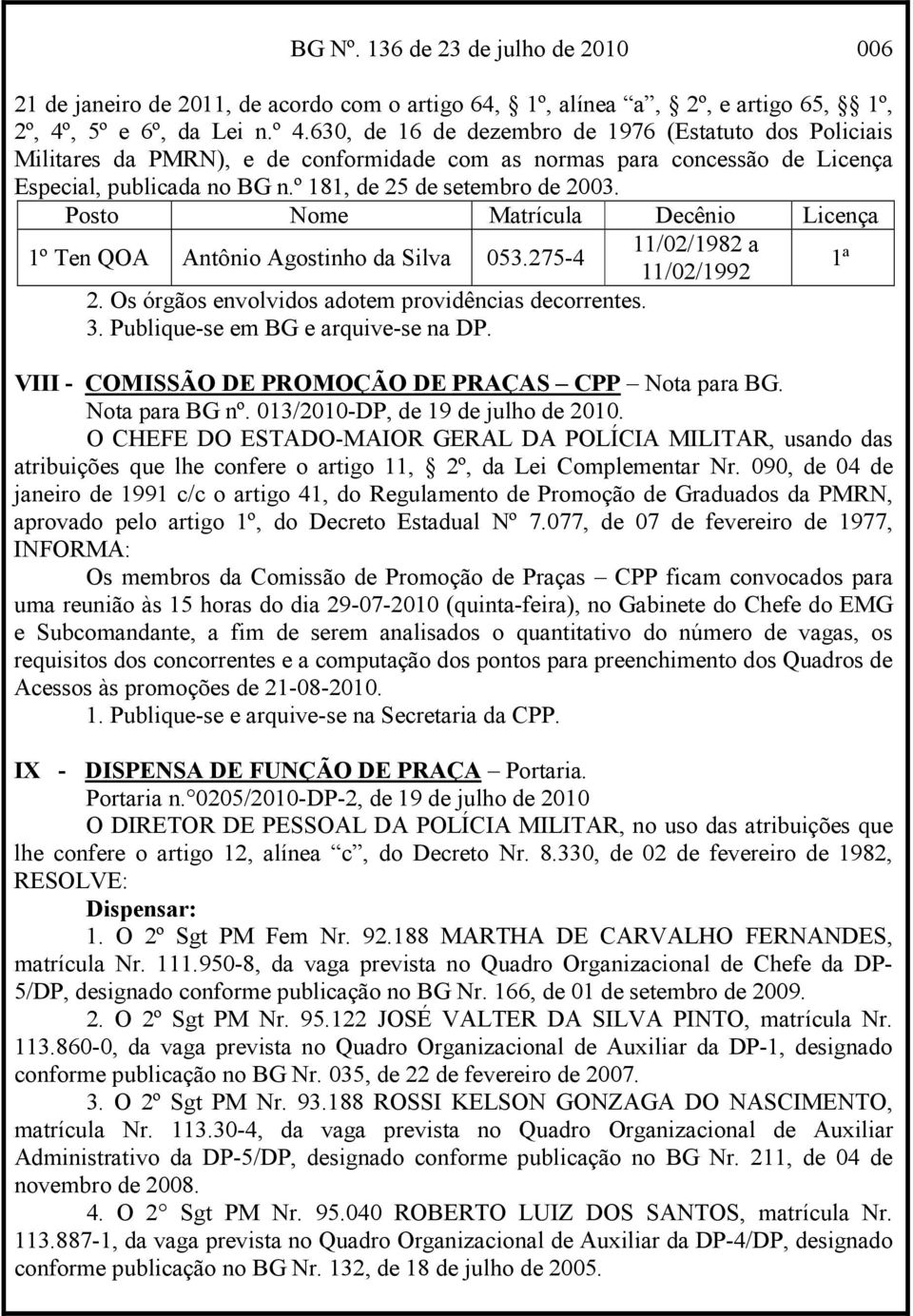 Posto Nome Matrícula Decênio Licença 1º Ten QOA Antônio Agostinho da Silva 053.275-4 11/02/1982 a 1ª 2. Os órgãos envolvidos adotem providências decorrentes. 3. Publique-se em BG e arquive-se na DP.