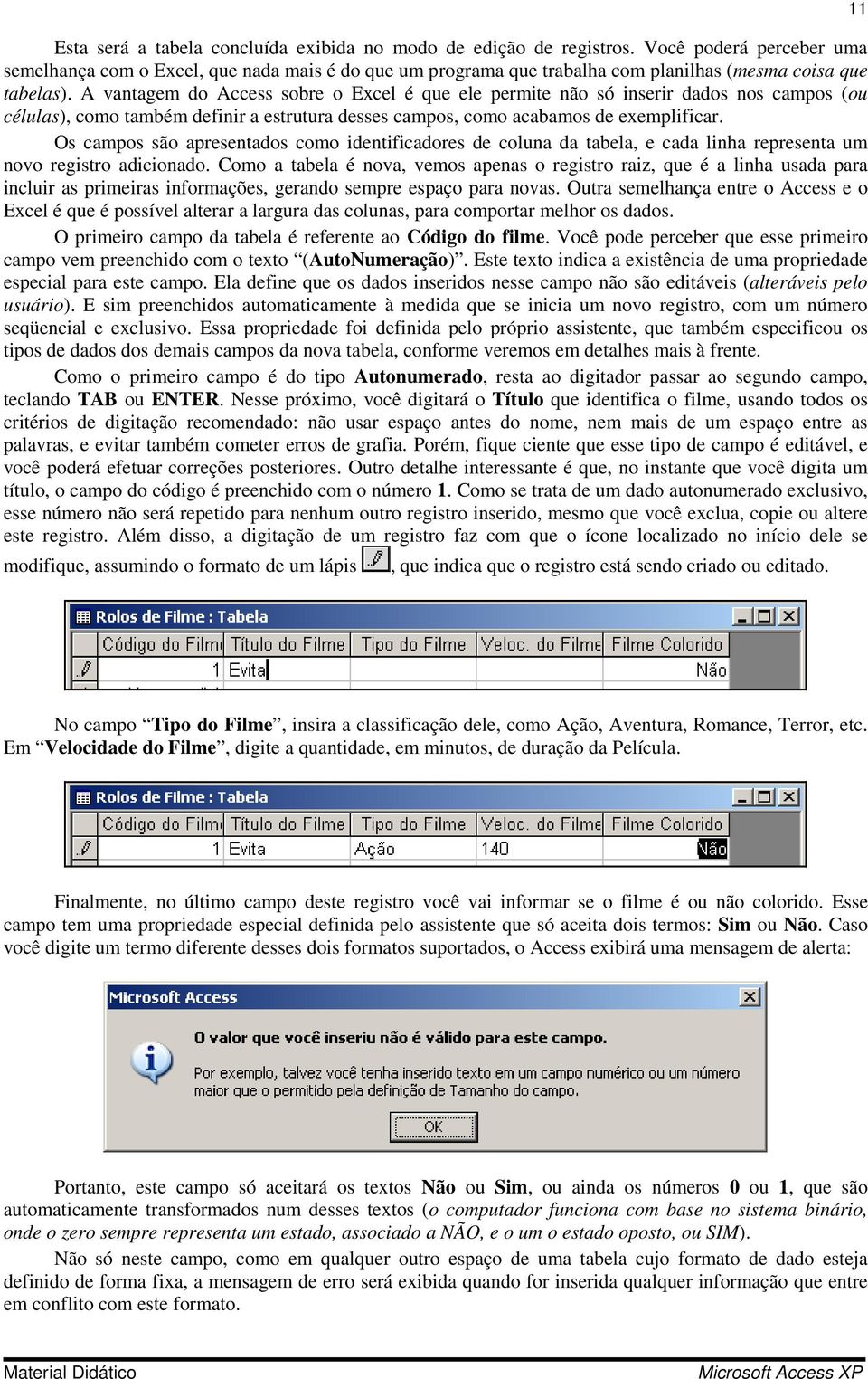 A vantagem do Access sobre o Excel é que ele permite não só inserir dados nos campos (ou células), como também definir a estrutura desses campos, como acabamos de exemplificar.