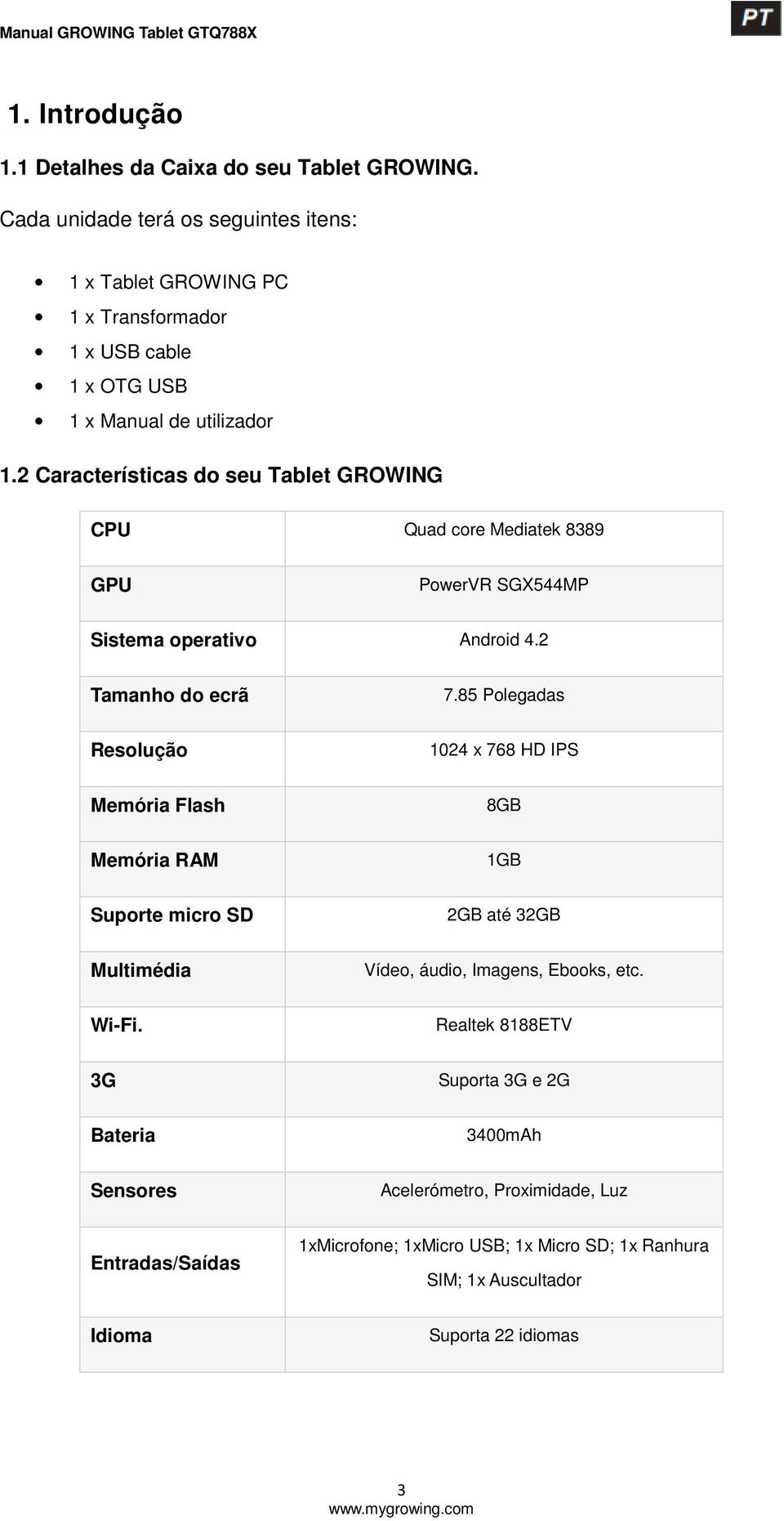 2 Características do seu Tablet GROWING CPU Quad core Mediatek 8389 GPU PowerVR SGX544MP Sistema operativo Android 4.2 Tamanho do ecrã 7.