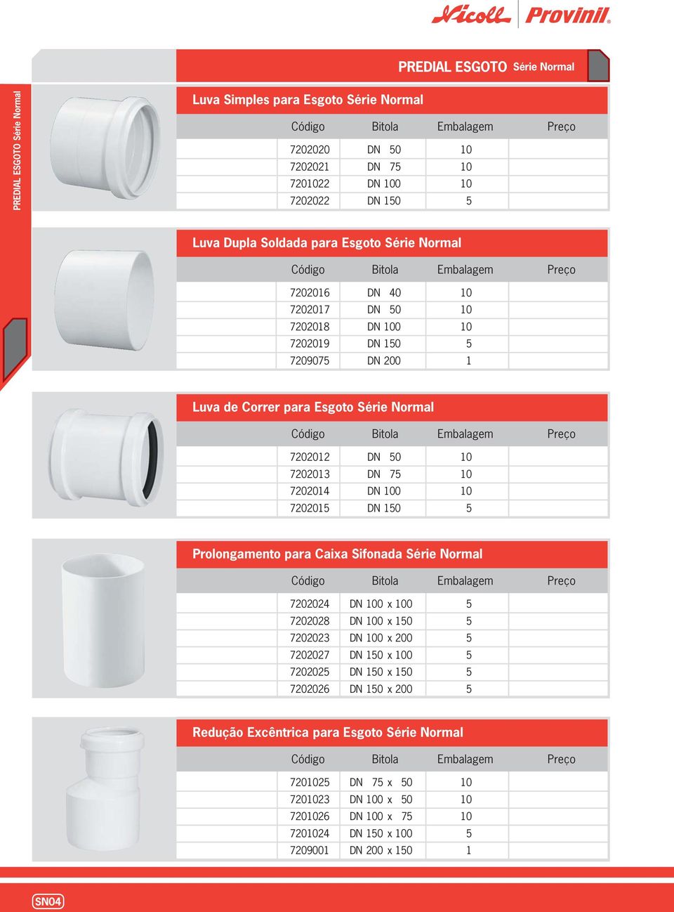 DN 100 10 7202015 DN 150 5 Prolongamento para Caixa Sifonada Série Normal 7202024 DN 100 x 100 5 7202028 DN 100 x 150 5 7202023 DN 100 x 200 5 7202027 DN 150 x 100 5 7202025 DN 150 x 150
