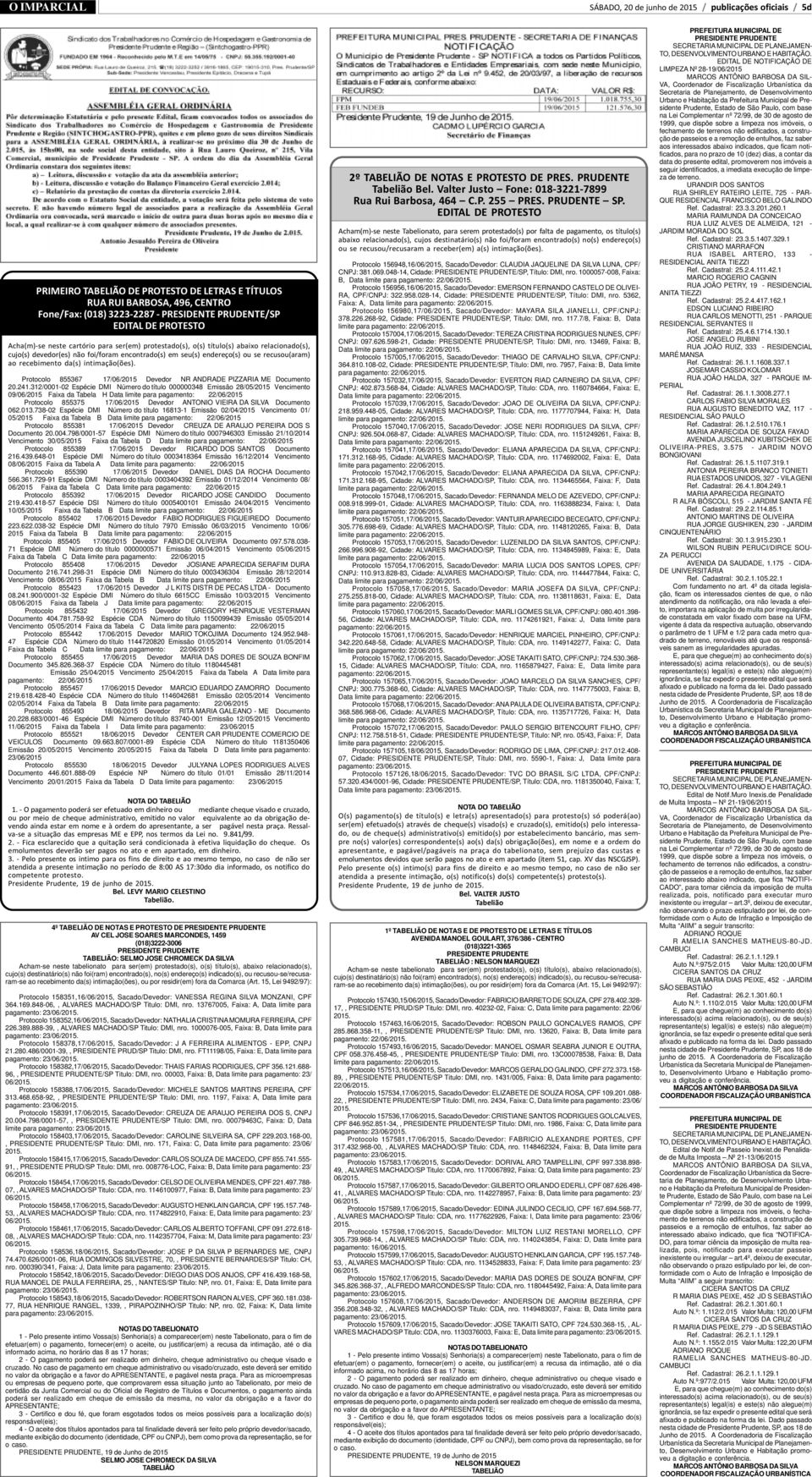 da(s) intimação(ões). Protocolo 855367 17/06/2015 Devedor NR ANDRADE PIZZARIA ME Documento 20.241.