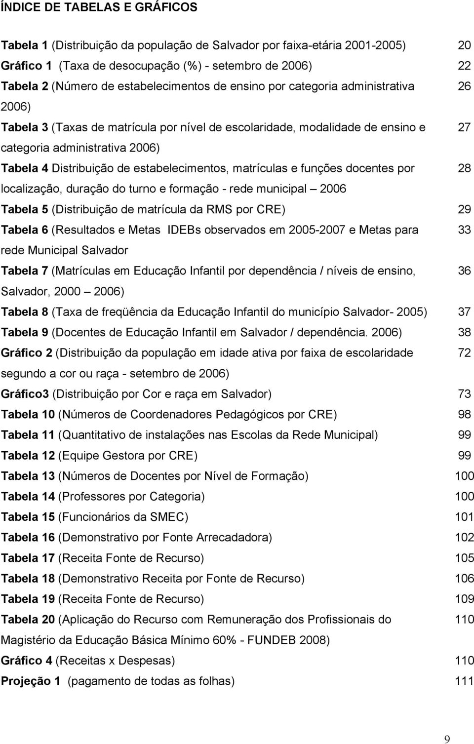 de estabelecimentos, matrículas e funções docentes por 28 localização, duração do turno e formação - rede municipal 2006 Tabela 5 (Distribuição de matrícula da RMS por CRE) 29 Tabela 6 (Resultados e