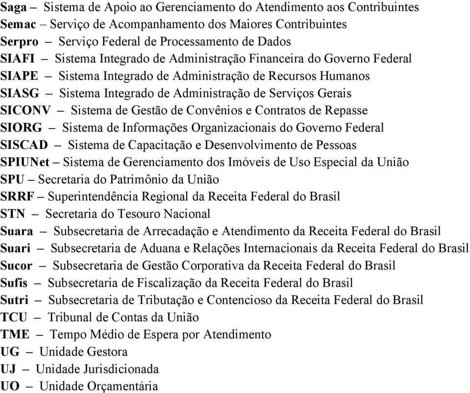 Gestão de Convênios e Contratos de Repasse SIORG Sistema de Informações Organizacionais do Governo Federal SISCAD Sistema de Capacitação e Desenvolvimento de Pessoas SPIUNet Sistema de Gerenciamento