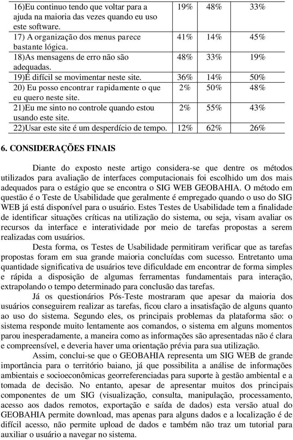 21)Eu me sinto no controle quando estou 2% 55% 43% usando este site. 22)Usar este site é um desperdício de tempo. 12% 62% 26% 6.