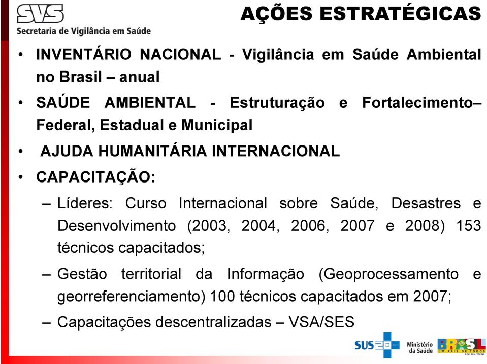 sobre Saúde, Desastres e Desenvolvimento (2003, 2004, 2006, 2007 e 2008) 153 técnicos capacitados; Gestão territorial da