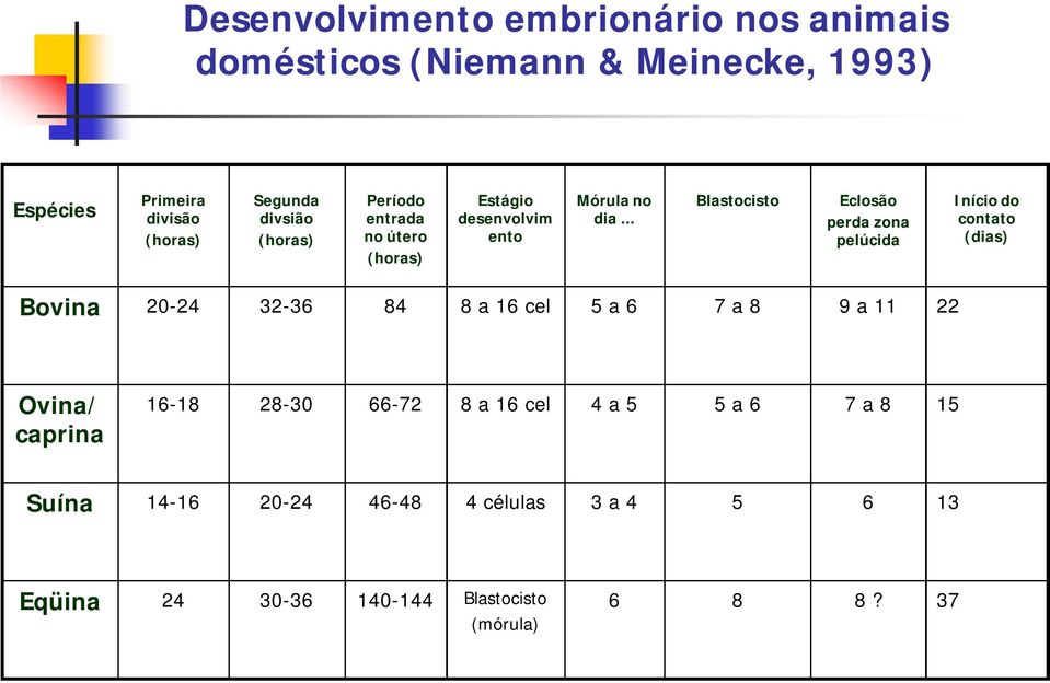 .. Blastocisto Eclosão perda zona pelúcida Início do contato (dias) Bovina 20-24 32-36 84 8 a 16 cel 5 a 6 7 a 8 9 a 11 22