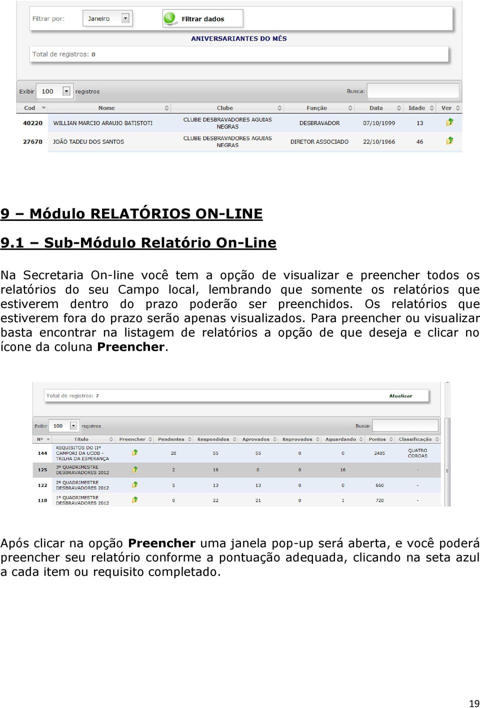 relatórios que estiverem dentro do prazo poderão ser preenchidos. Os relatórios que estiverem fora do prazo serão apenas visualizados.