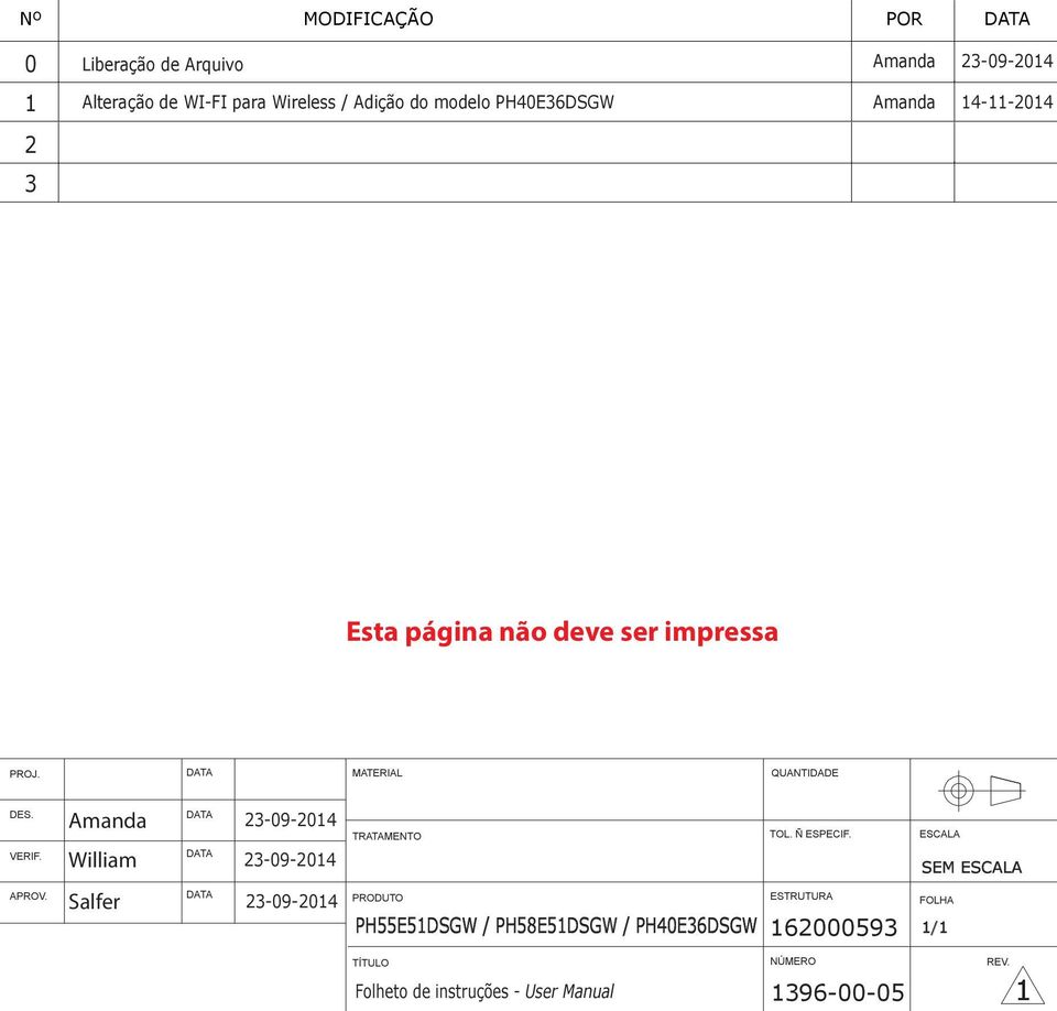 Amanda William DATA DATA 23-09-2014 23-09-2014 TRATAMENTO TOL. Ñ ESPECIF. ESCALA SEM ESCALA APROV.