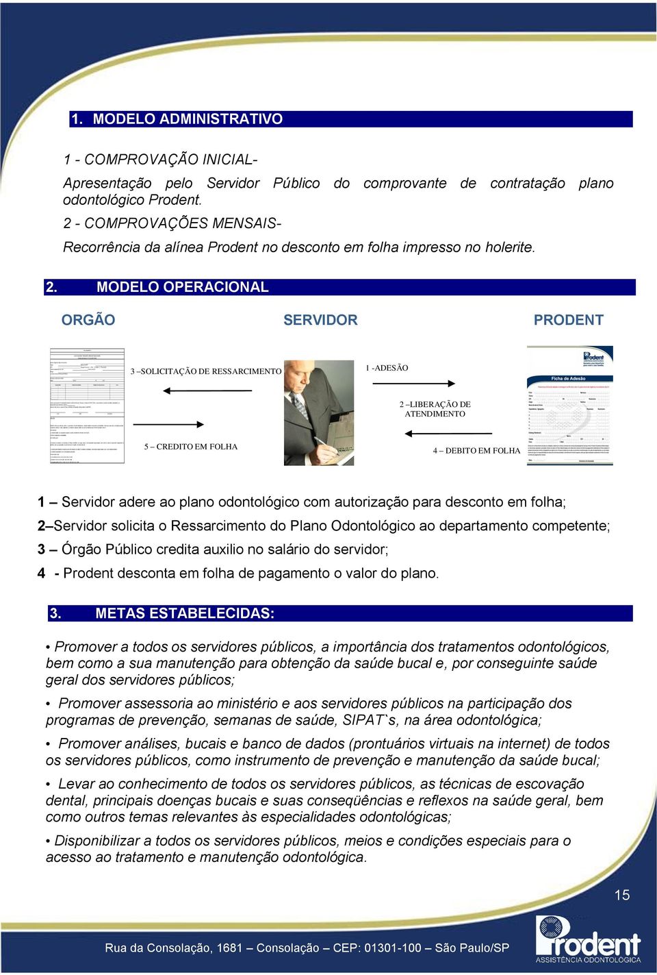 MODELO OPERACIONAL ORGÃO SERVIDOR PRODENT 3 SOLICITAÇÃO DE RESSARCIMENTO 1 -ADESÃO 2 LIBERAÇÃO DE ATENDIMENTO 5 CREDITO EM FOLHA 4 DEBITO EM FOLHA 1 Servidor adere ao plano odontológico com