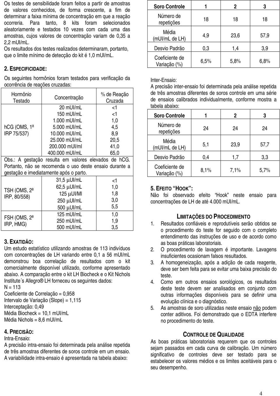 Os resultados dos testes realizados determinaram, portanto, que o limite mínimo de detecção do kit é mui/ml. 2.