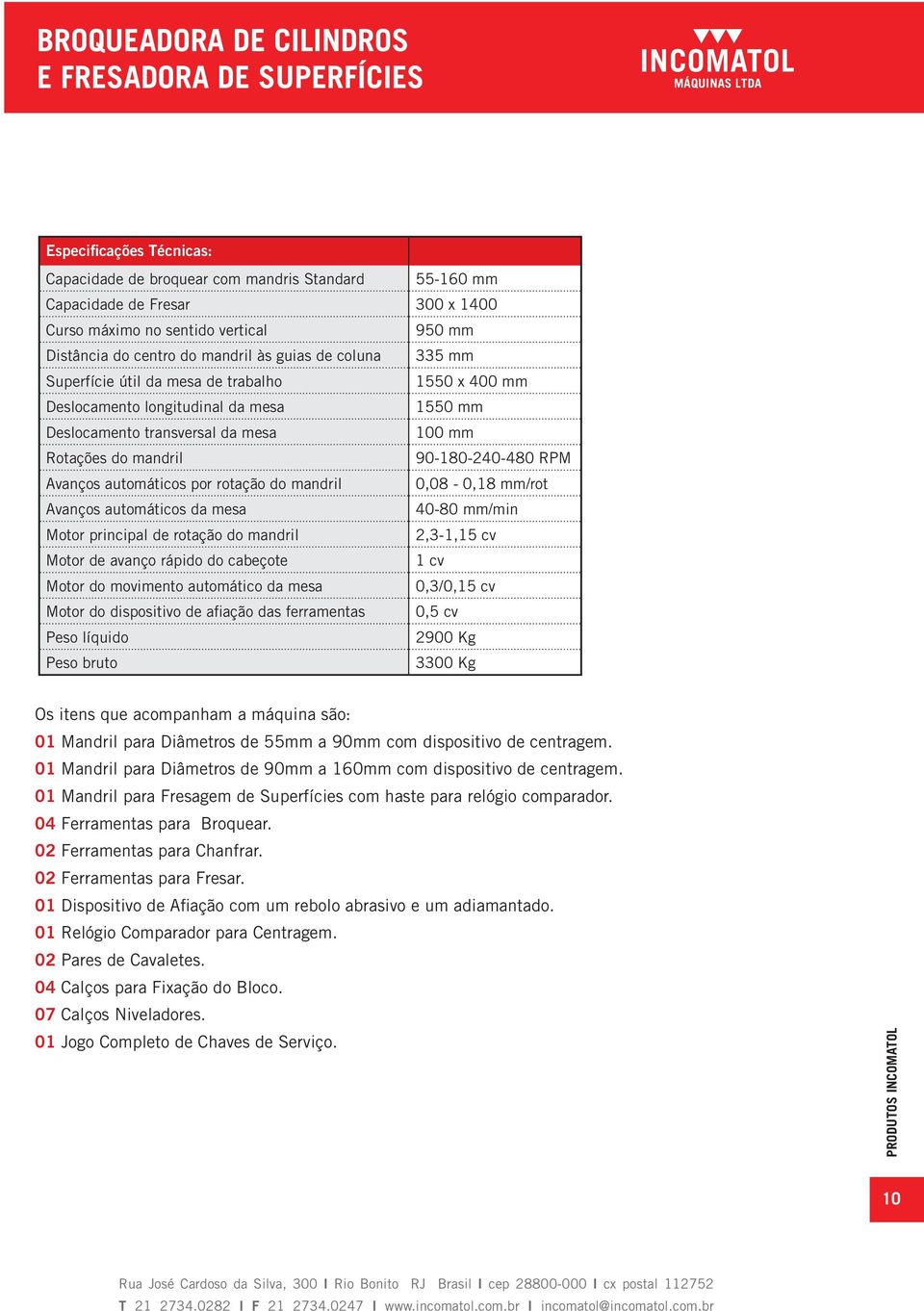 Rotações do mandril 90-180-240-480 RPM Avanços automáticos por rotação do mandril 0,08-0,18 mm/rot Avanços automáticos da mesa 40-80 mm/min Motor principal de rotação do mandril 2,3-1,15 cv Motor de