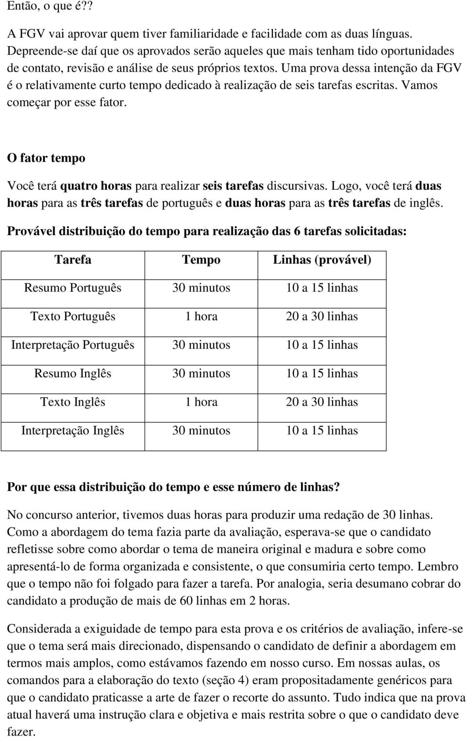 Uma prova dessa intenção da FGV é o relativamente curto tempo dedicado à realização de seis tarefas escritas. Vamos começar por esse fator.