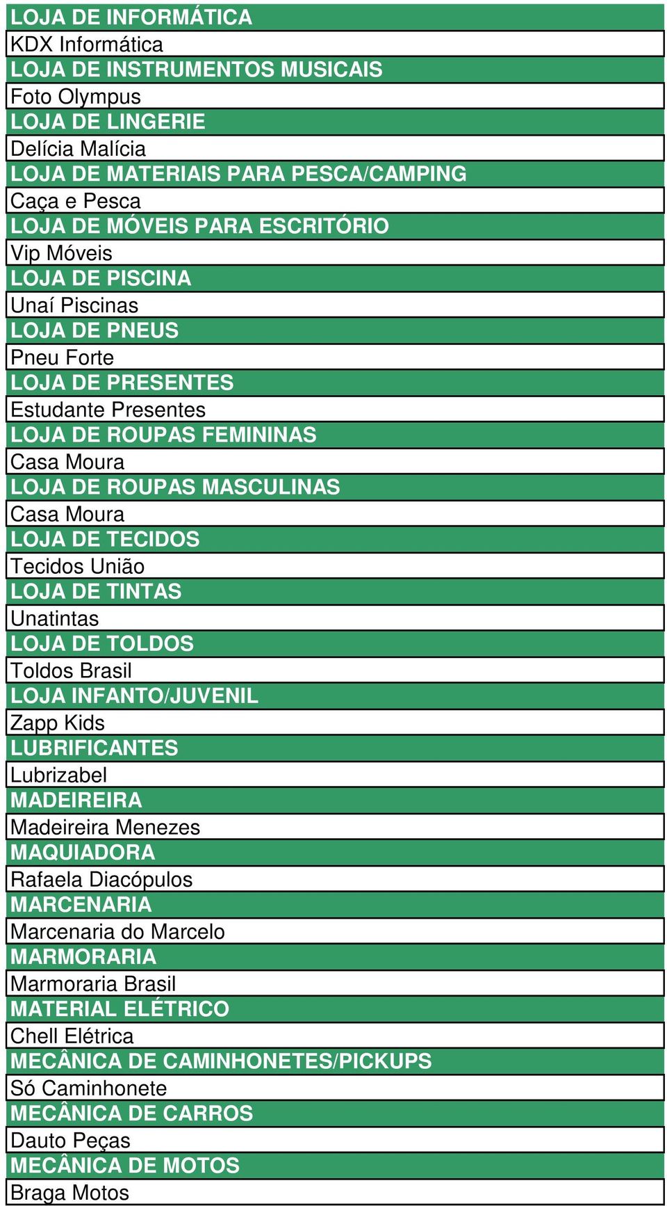 Tecidos União LOJA DE TINTAS Unatintas LOJA DE TOLDOS Toldos Brasil LOJA INFANTO/JUVENIL Zapp Kids LUBRIFICANTES Lubrizabel MADEIREIRA Madeireira Menezes MAQUIADORA Rafaela Diacópulos