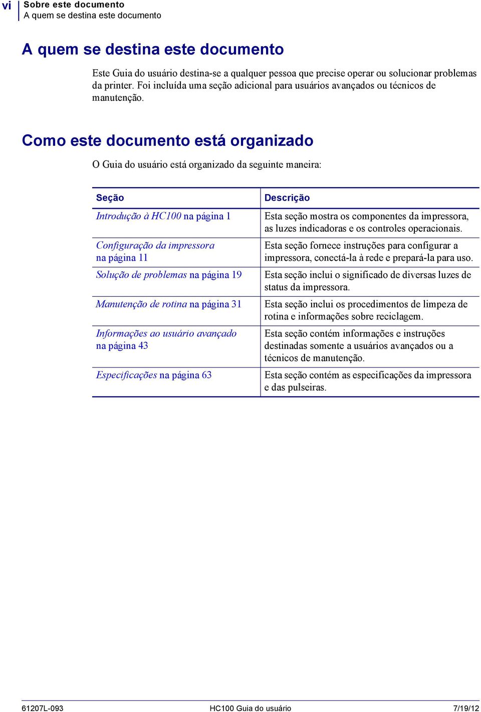 Como este documento está organizado O Guia do usuário está organizado da seguinte maneira: Seção Introdução à HC100 na página 1 Configuração da impressora na página 11 Solução de problemas na página