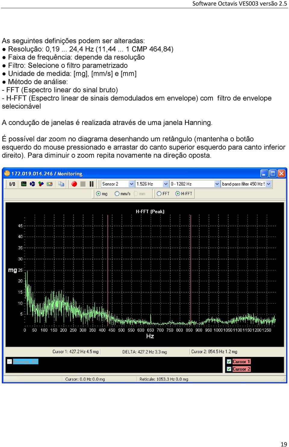 (Espectro linear do sinal bruto) - H-FFT (Espectro linear de sinais demodulados em envelope) com filtro de envelope selecionável A condução de janelas é realizada