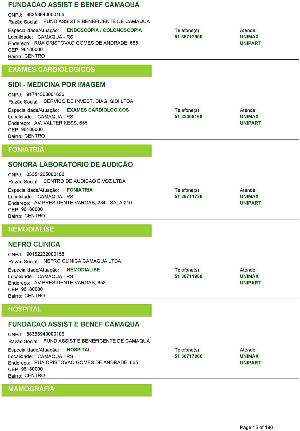 SIDI LTDA Especialidade/Atuação: EXAMES CARDIOLOGICOS Localidade: CAMAQUA - RS 51 32309168 Endereço: AV.