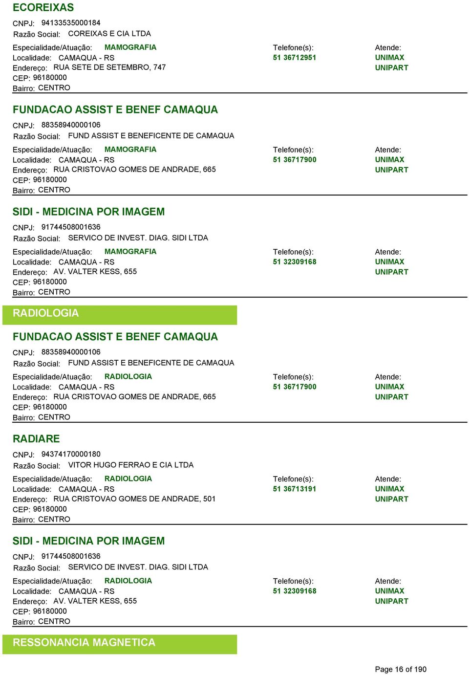 ANDRADE, 665 CEP: 96180000 SIDI - MEDICINA POR IMAGEM CNPJ: 91744508001636 Razão Social: SERVICO DE INVEST. DIAG.