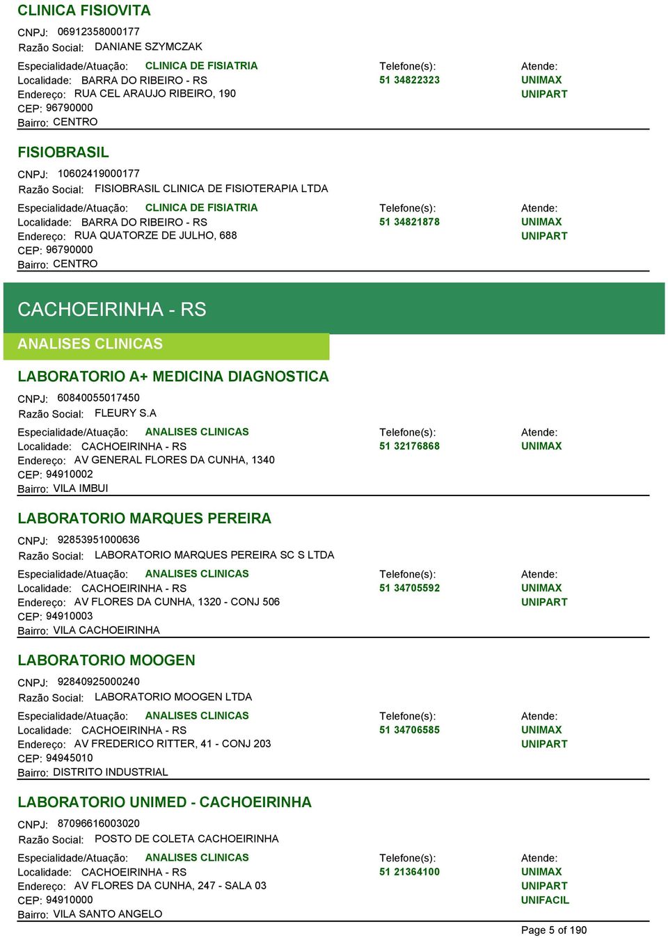 Endereço: RUA QUATORZE DE JULHO, 688 CEP: 96790000 CACHOEIRINHA - RS ANALISES CLINICAS LABORATORIO A+ MEDICINA DIAGNOSTICA CNPJ: 60840055017450 Razão Social: FLEURY S.