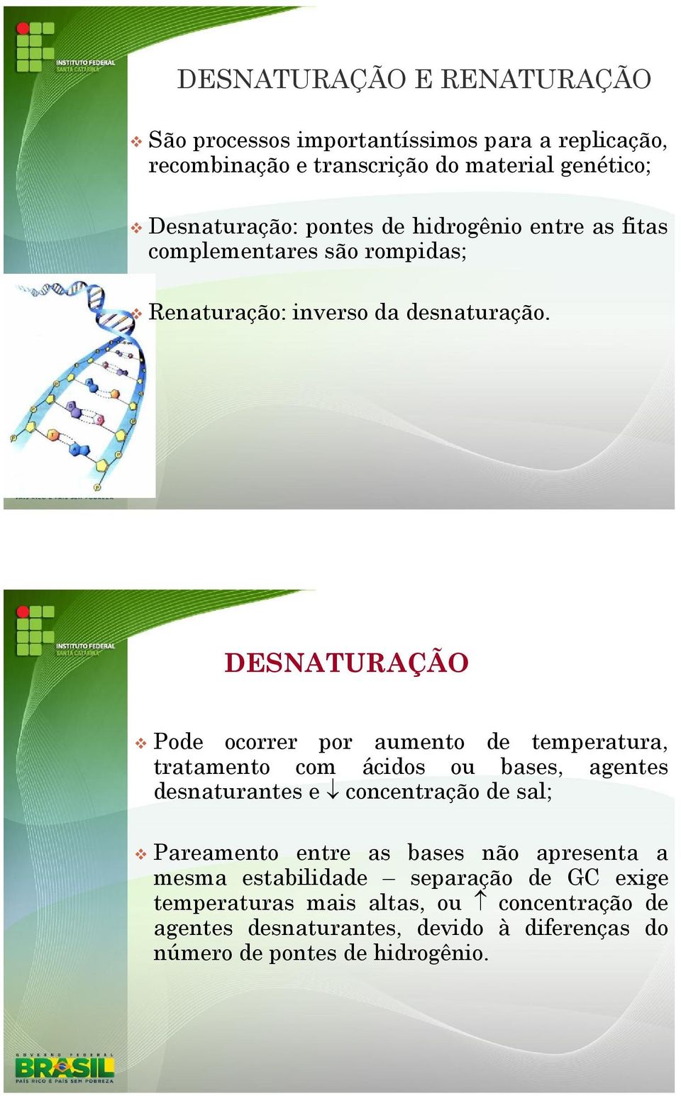 DESNATURAÇÃO Pode ocorrer por aumento de temperatura, tratamento com ácidos ou bases, agentes desnaturantes e concentração de sal; Pareamento