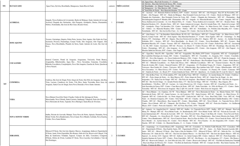 Tesouro, Guiratinga, Itiquira, Pedra Preta, Jaciara, Dom Aquino, São Pedro da Cipa, Jucimeira, Poxoreo, Paranatinga, Campo Verde, Alto Araguaia, Alto Taquari, Alto Garças, Nova Brasilândia, Planalto