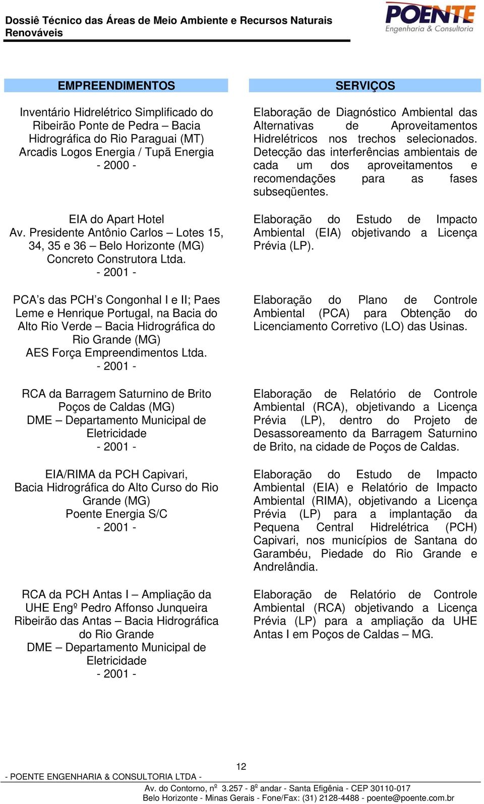 PCA s das PCH s Congonhal I e II; Paes Leme e Henrique Portugal, na Bacia do Alto Rio Verde Bacia Hidrográfica do Rio Grande (MG) AES Força Empreendimentos Ltda.