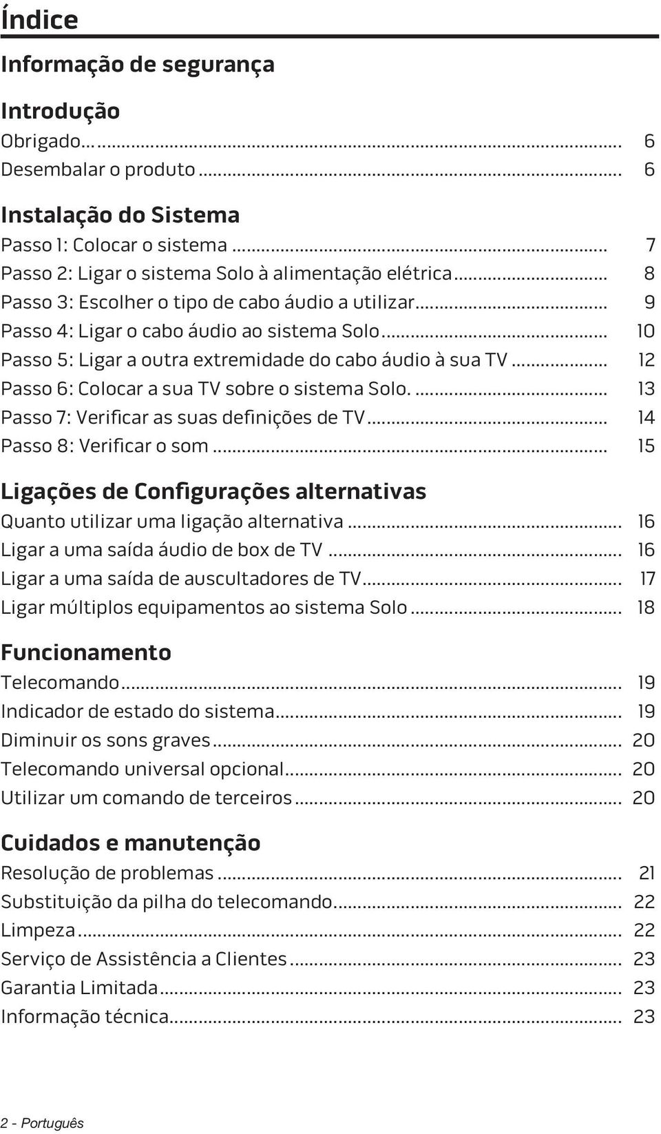 .. 12 Passo 6: Colocar a sua TV sobre o sistema Solo... 13 Passo 7: Verificar as suas definições de TV... 14 Passo 8: Verificar o som.