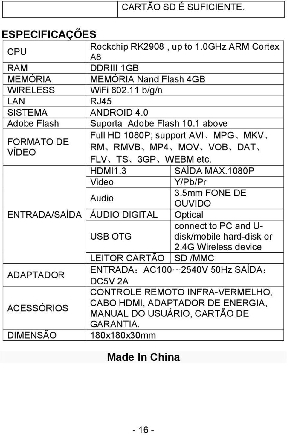 3 SAÍDA MAX.1080P Video Y/Pb/Pr Audio 3.5mm FONE DE OUVIDO ENTRADA/SAÍDA ÁUDIO DIGITAL Optical USB OTG connect to PC and U- disk/mobile hard-disk or 2.