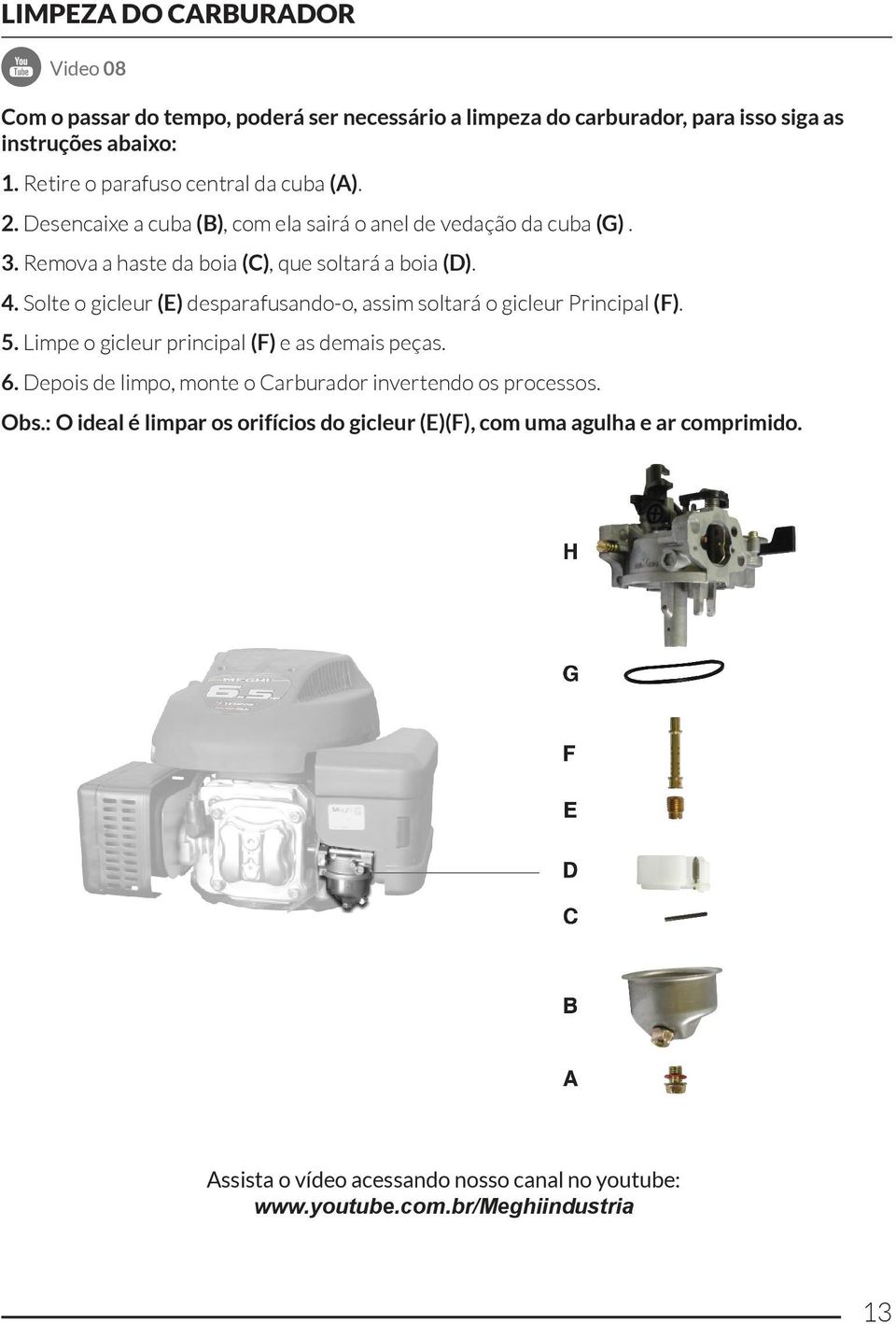 Solte o gicleur (E) desparafusando-o, assim soltará o gicleur Principal (F). 5. Limpe o gicleur principal (F) e as demais peças. 6.