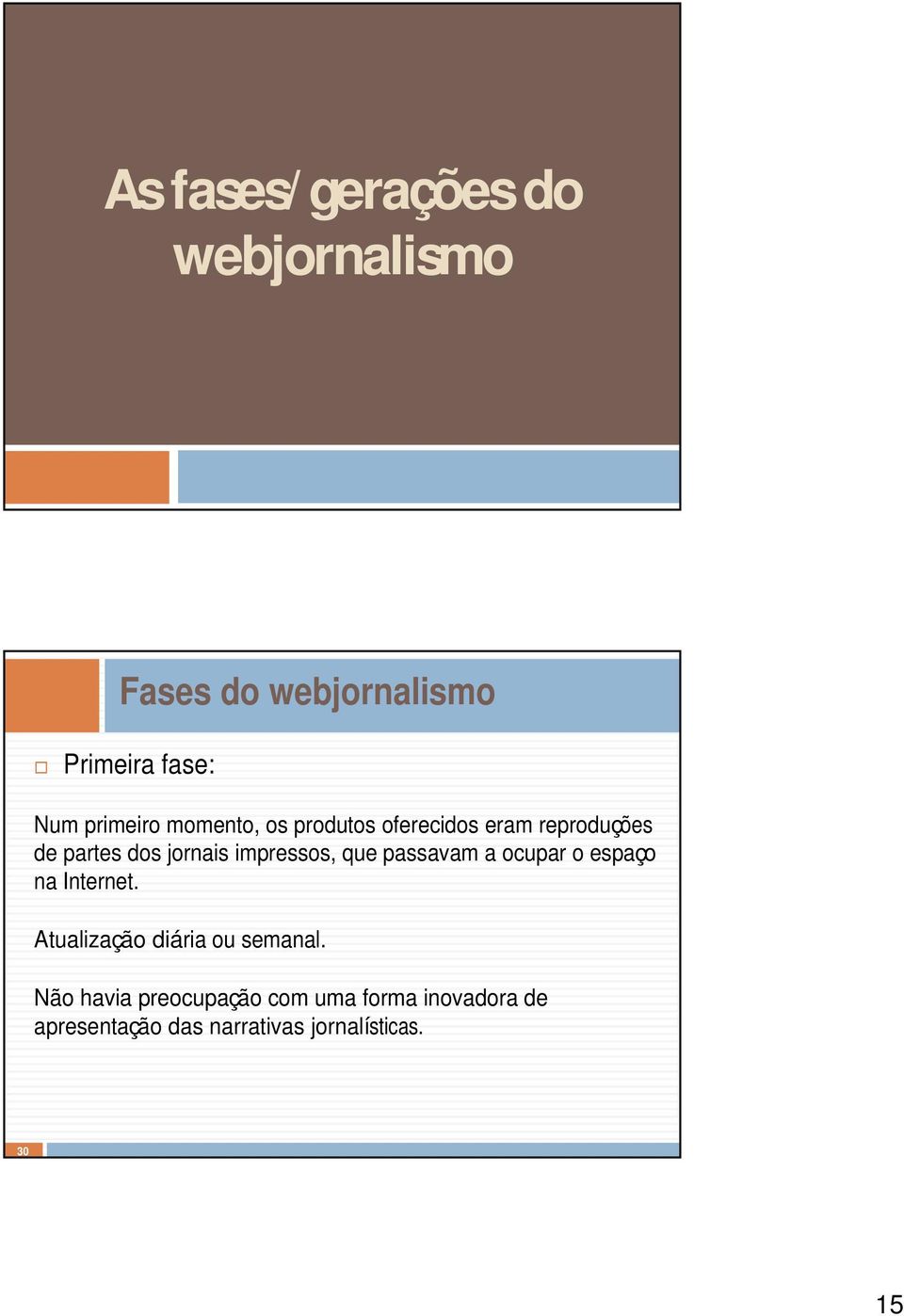 impressos, que passavam a ocupar o espaço na Internet. Atualização diária ou semanal.